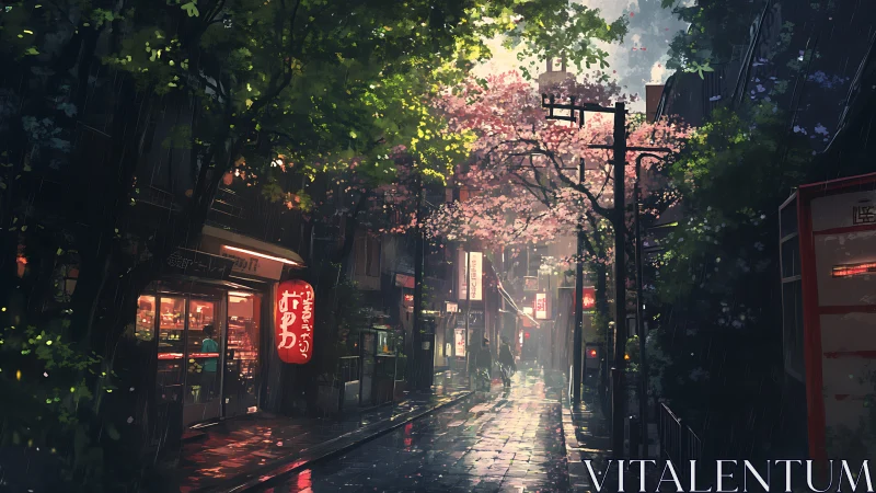 Rain-soaked Tokyo alleyway with neon signage and backlit cherry blossoms