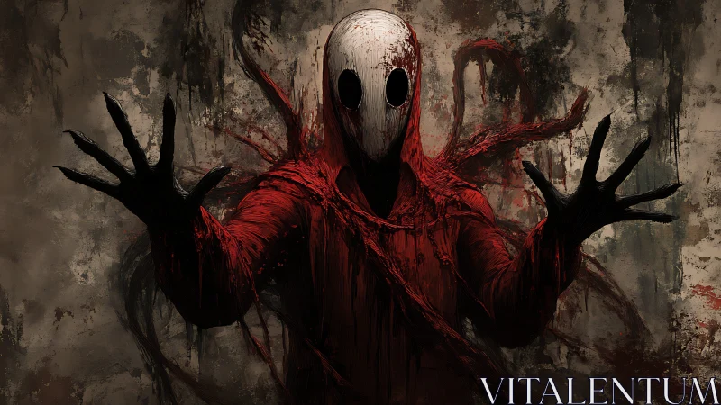 Masked humanoid horror figure in blood red shrouded coat.