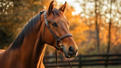 Gentle chestnut horse glowing in soft autumn sunset light.
