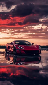 Red supercar under dramatic sunset sky reflection.