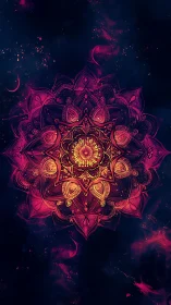 Ornate glowing mandala design radiates over dark nebula