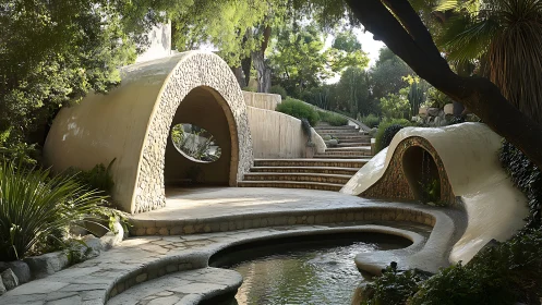 Organic garden arches frame serene stone paths and pond.