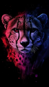 Neon Split-Tone Cheetah Portrait with Dual Chromatic Gradient Effect.