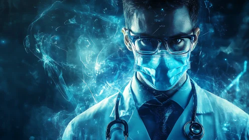 Intense masked doctor in glowing blue digital energy field.