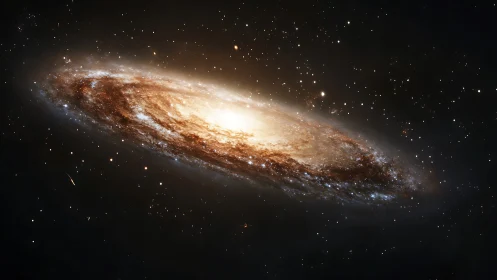 Edge-on spiral galaxy rendered with dense stellar population gradients