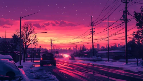 Snowy city street glowing under a dreamy pink sunset sky.