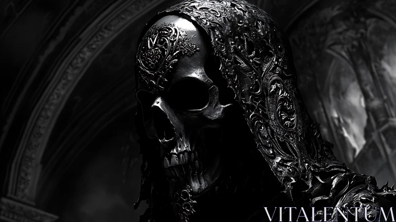 Ornate obsidian reaper cloaked in cathedral shadows.