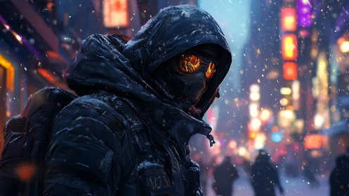Mysterious hooded wanderer walks through neon winter streets