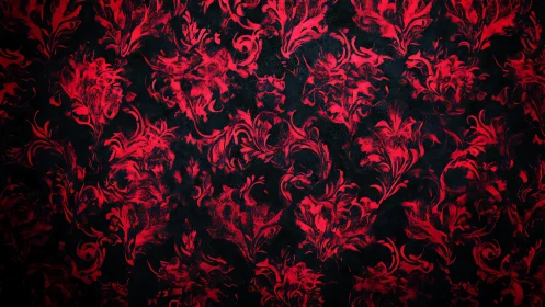 Red ornamental floral pattern over dark textured ground.