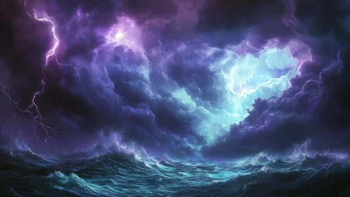 Electric tempests churn above a luminous, storm-tossed sea