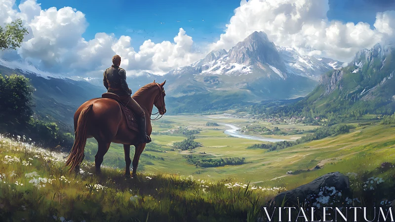 Equestrian observer surveying glacial valley under cumulus sky.