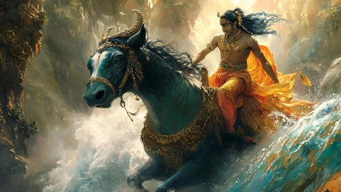 Mythic warrior riding jeweled turquoise steed through rapids.