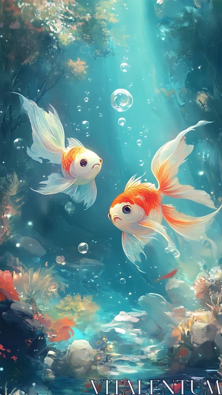 Koi goldfish pair in sunlit freshwater fantasy aquascape
