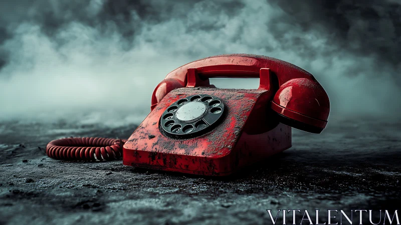 Weathered red rotary phone on foggy dark ground.