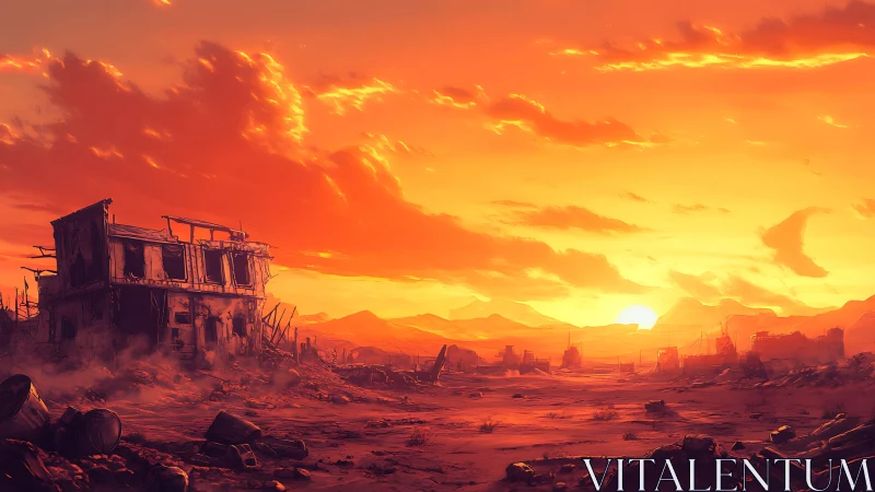 Post-apocalyptic desert ruin under high-saturation sunset glow.