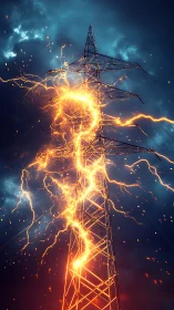 High voltage transmission tower engulfed in electric arcs.