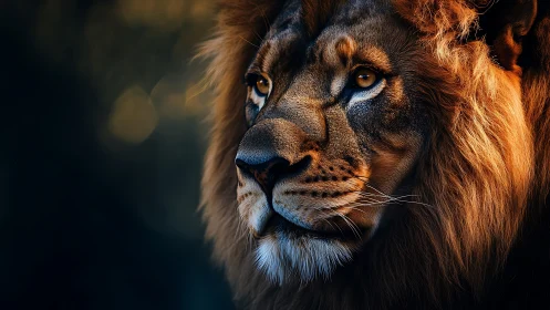 Ember-maned lion gazing into dusk&rsquo;s velvet hush.