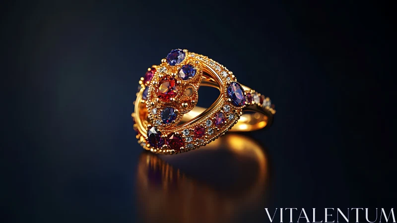Opulent gemstone ring in dramatic low key lighting on black.