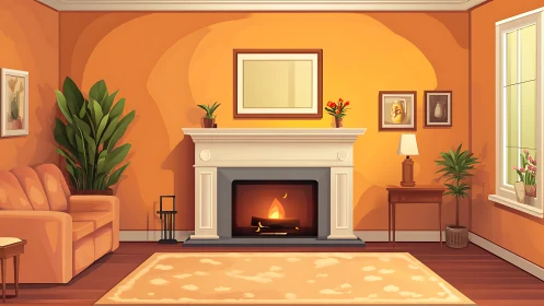 Cozy orange living room glowing with a gentle fireplace welcome.