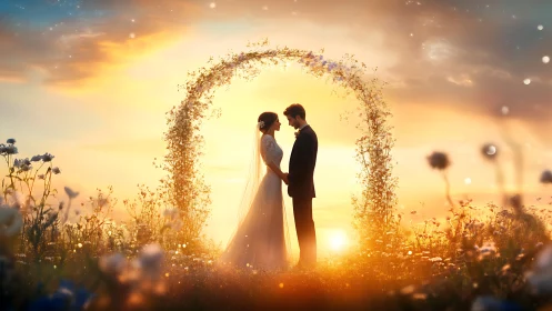 Sunlit wedding couple under glowing floral arch at dusk.