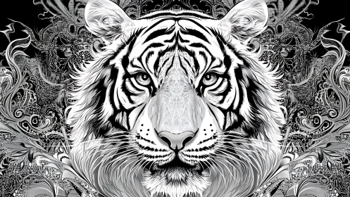 Striped dreamscape tiger framed in swirling silver florals.