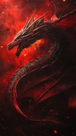 Infernal crimson dragon coiled in swirling embers.
