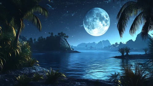 Luminous Moon Over Tropical Paradise. Nocturnal Serenity.
