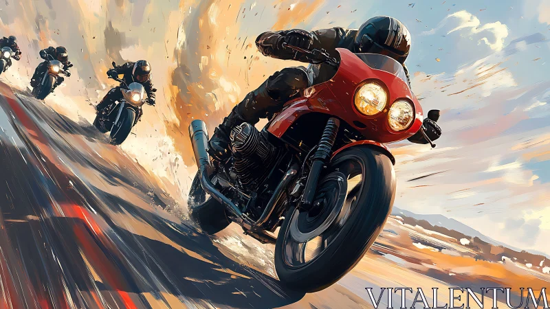 Digital painting of motorcycle racers in fiery desert sprint.
