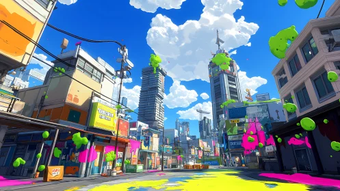 Vibrant urban street erupts in neon paint under clear skies.