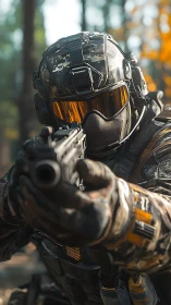 Tactical operator aims rifle with advanced visor and modular armor