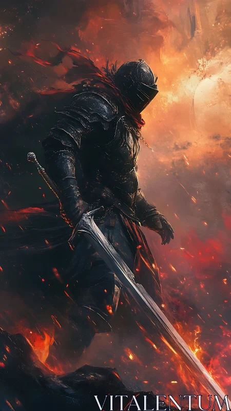 Armored knight wields greatsword amid apocalyptic firestorm