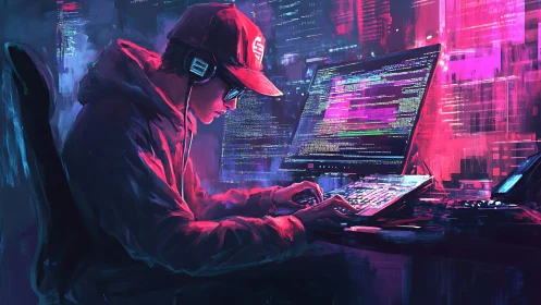 Focused coder works in neon-lit cyber workspace at night