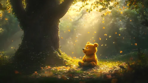 Honey-hearted bear daydreams beneath a golden forest halo.