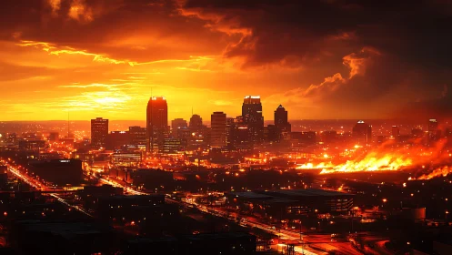 Urban skyline under infernal sunset with peripheral wildfire glow