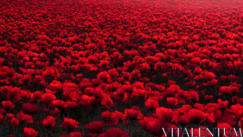 Dense red poppy field extends to the distant horizon