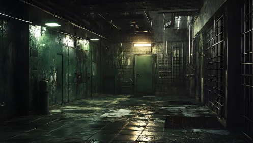 3D industrial corridor with wet tiles and moody prison lighting.