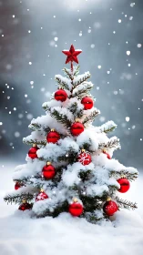 Photorealistic snow-laden Christmas tree with red ornaments.