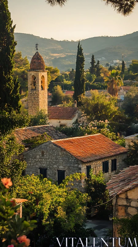 Photographic study of sunlit stone village and bell tower.