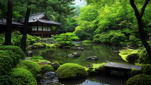 Traditional wooden teahouse beside reflective moss garden pond