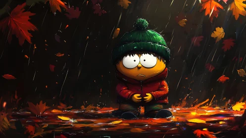 Digital painting of lonely cartoon child in rainy autumn street.