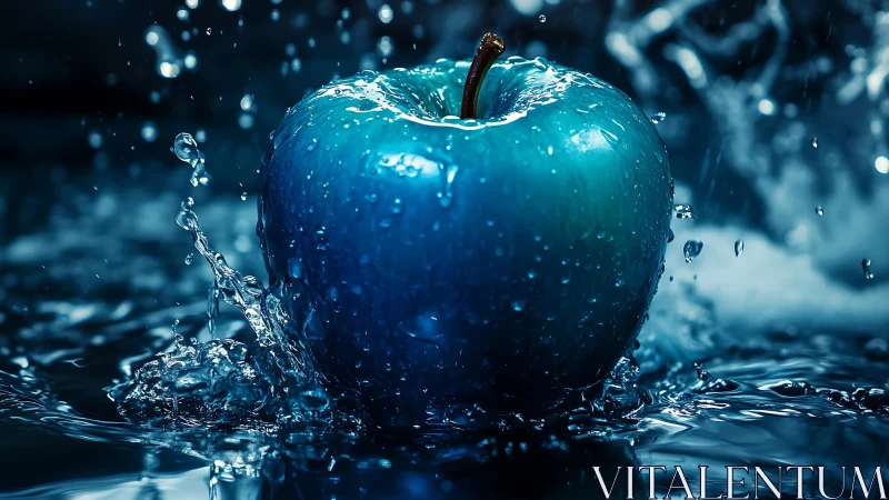 High-contrast blue apple in dynamic macro water splash scene