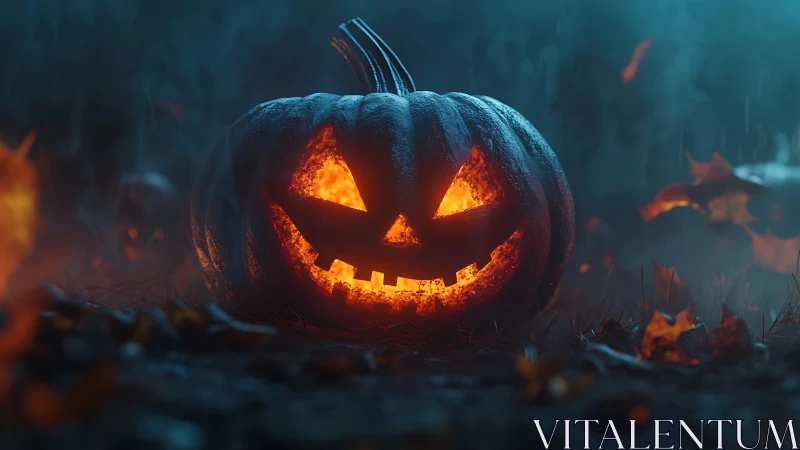Cinematic jack-o’-lantern with fiery core in misty night field.
