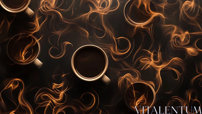 Coffee cups with swirling golden smoke on dark backdrop.