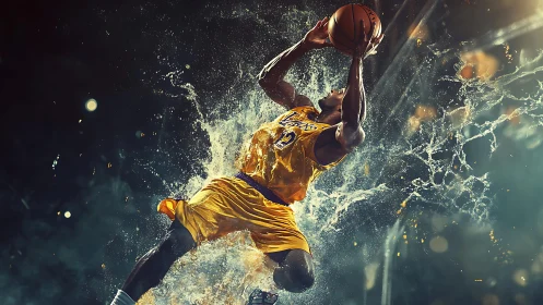 Soaring basketball player explodes toward the hoop in motion