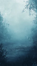 Misty blue forest stream with dense foliage framing view.