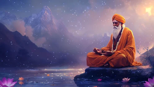 Elderly monk in orange robes meditating beside mountain lake.