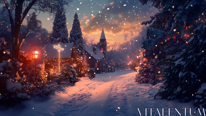 Snow-covered village lane with warm bokeh lighting and dusk sky