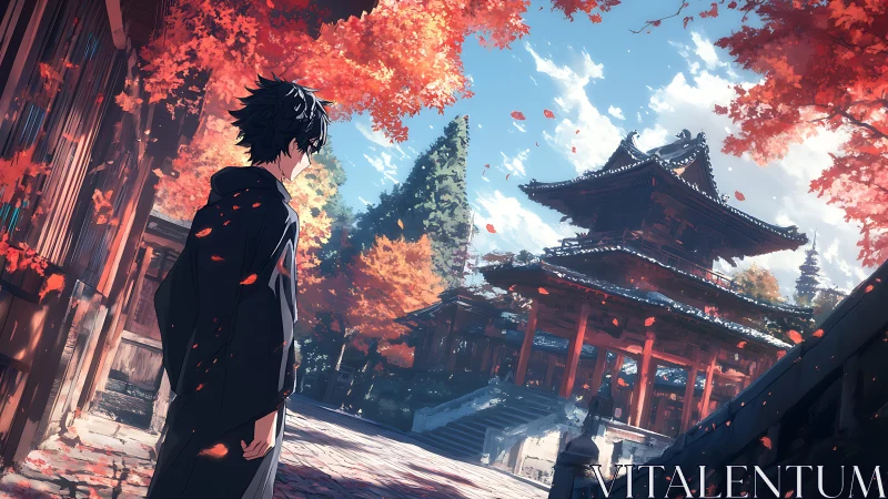 Autumn shrine traversal with anime figure and dynamic foliage.