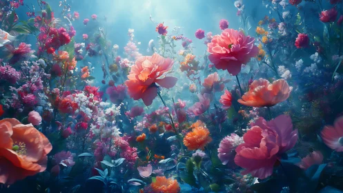 Dense floral field composed of pink, red, orange blooms