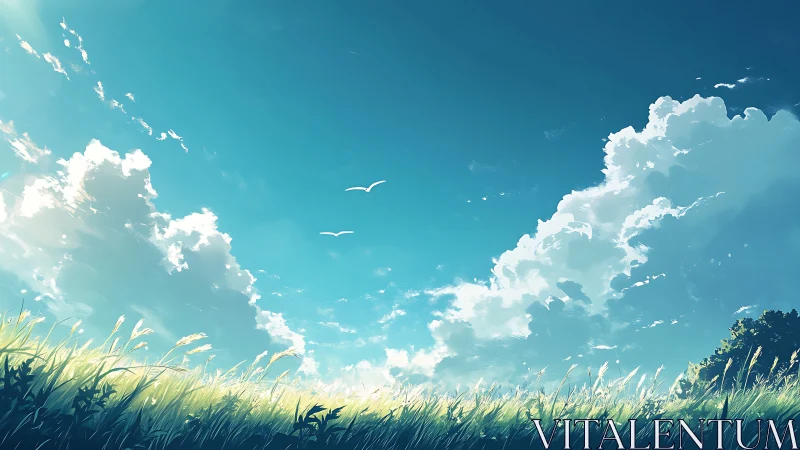 Wide grass field under cumulus clouds and blue sky panorama.